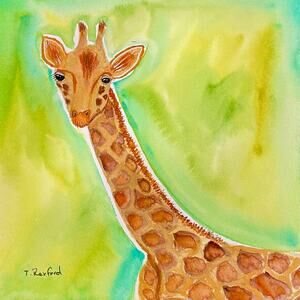 Hand painted watercolor original painting giraffe green background